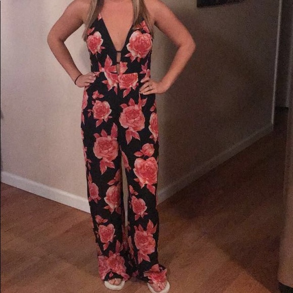 Forever 21 Pants - Black jumpsuit with pink flowers